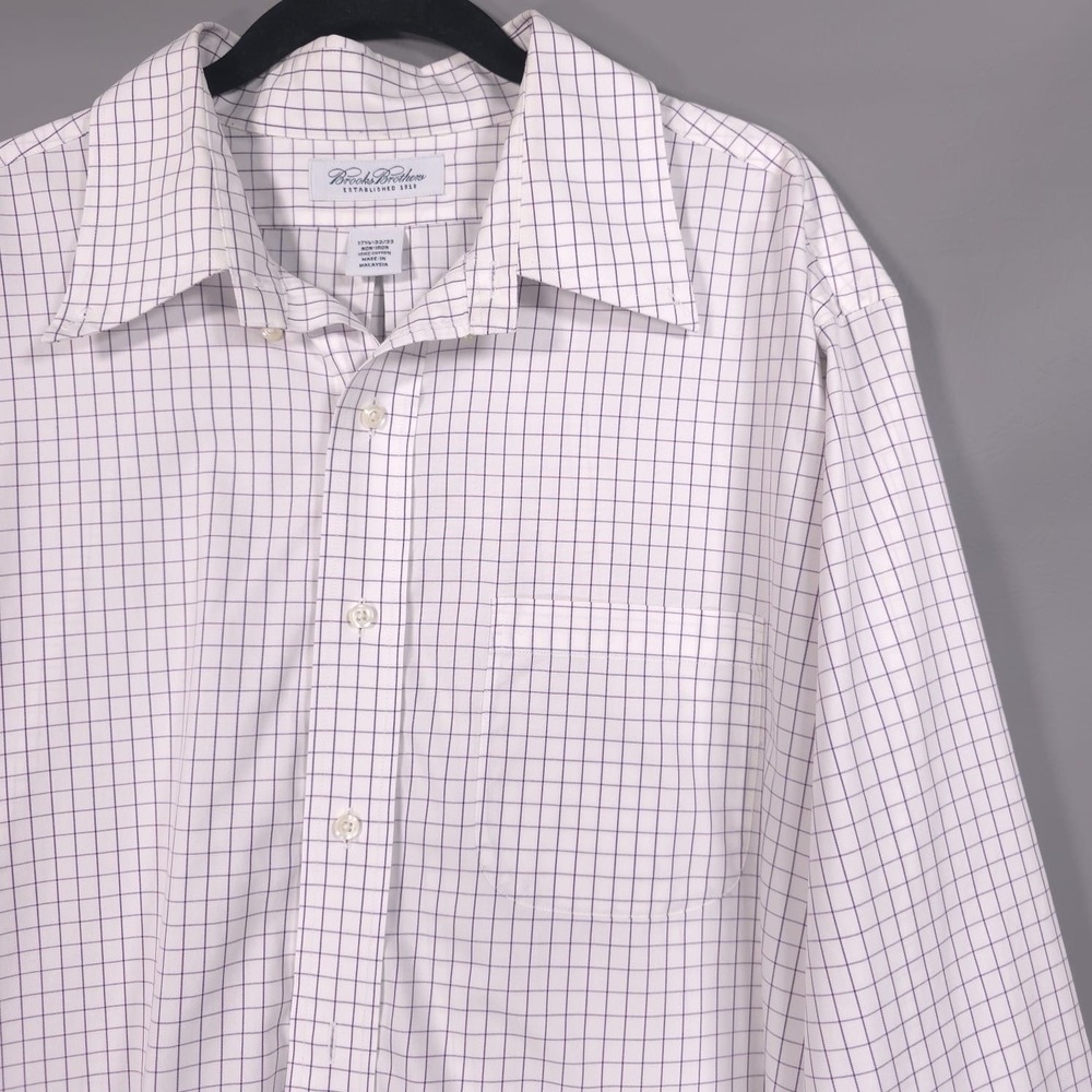 Brooks Brothers Men's Shirt Size 17.5 - 32/33 Plaid NON IRON Cotton White Purple